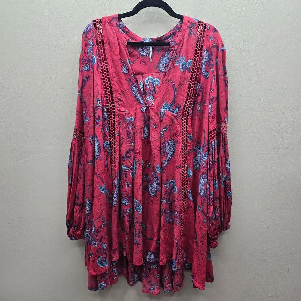 Free People Just The Two of Us Tunic Paisley Print Oversized Medium Red Fairy